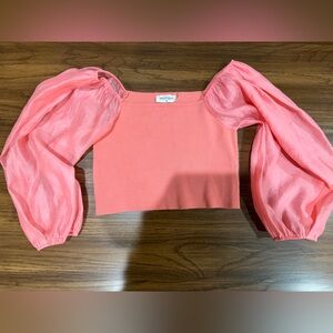 vestique Coral Pink Puff-Sleeve Crop Top